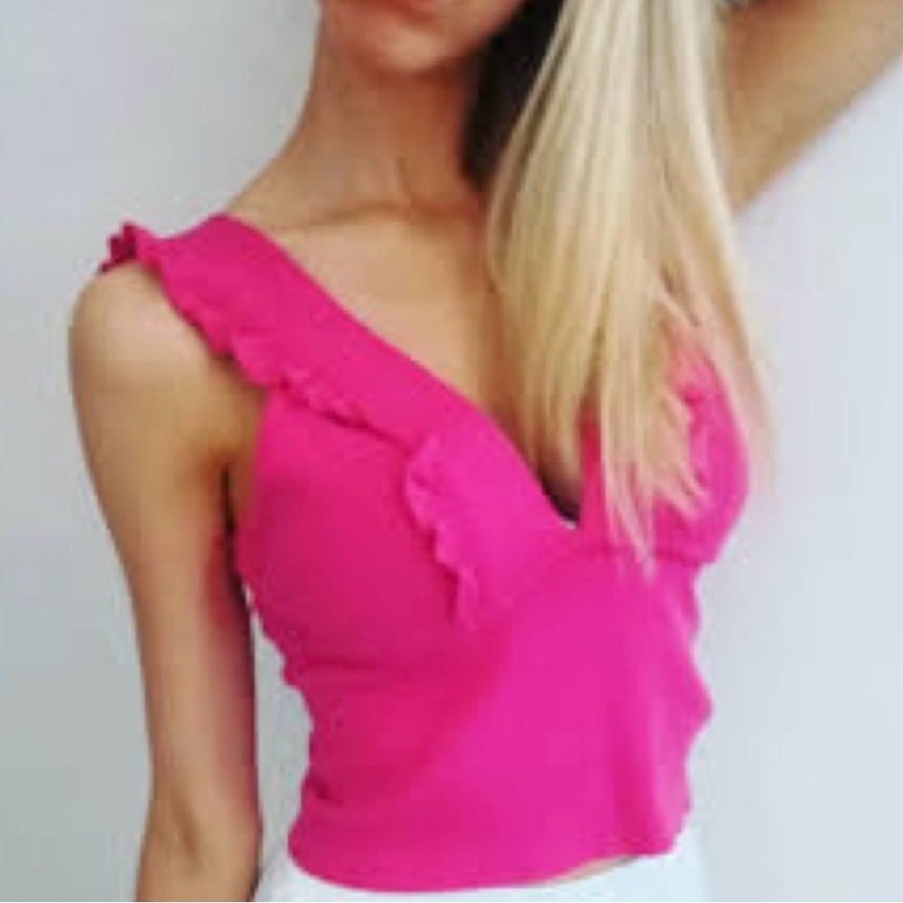 Zara Pink Ruffle V-Neck Women's Top